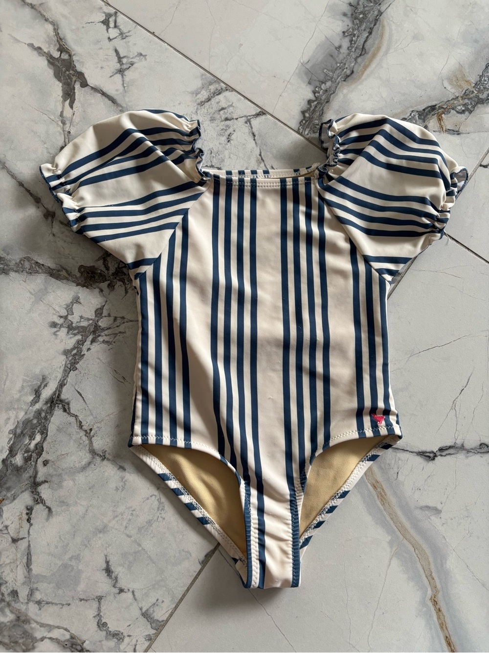 Pink Chicken Navy and Cream Stripe Puff-Sleeve One-Piece